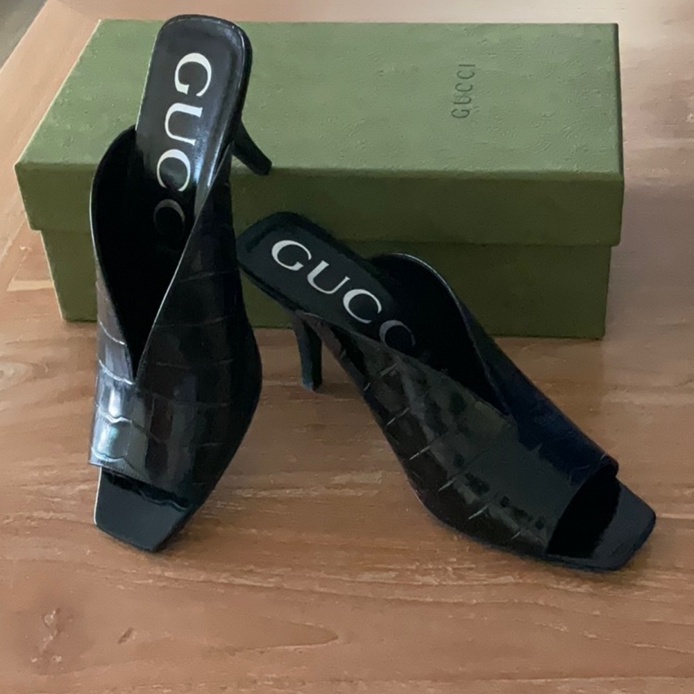 GUCCI SHOES BLACK CROCODILE PRINT SLINGBACK SANDALS OPEN TOE sz IT 39.5 US 9